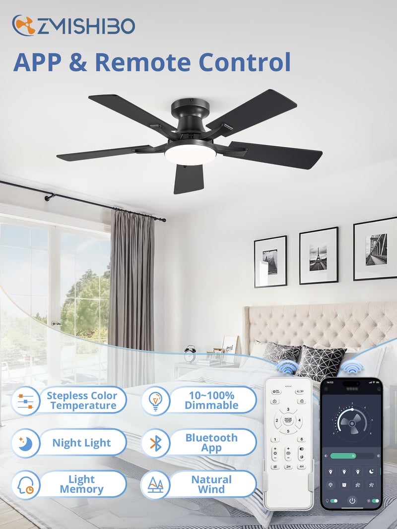 ZMISHIBO 42 Inch Ceiling Fan with Light, App&Remote Control, Flush Mount Low Profile, Dimmable 20W LED Light, Quiet Reversible Motor for Bedroom, Living Room, Apartment, Black - Image 2