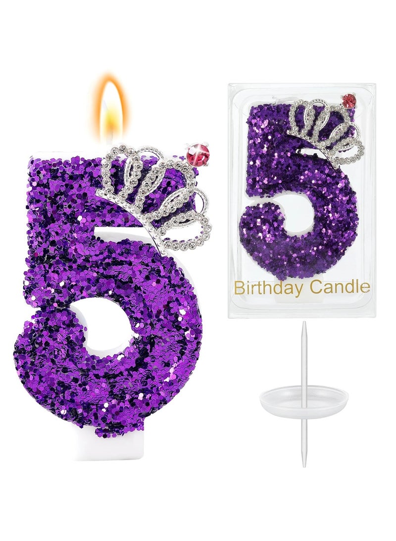LAMAY Numeric birthday candles, including crown number candles, luxurious cake decorations, suitable for parties, weddings, anniversaries, family gatherings, children and adults (purple 5). - Image 1