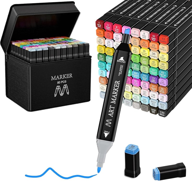 Bennort 80 Colors Alcohol Markers Sketch Pen with Carrying Case for Painting Sketching Calligraphy Drawing,Fine & Chisel Tip Art Markers Set,Permanent Colouring Marker for Kids Adult, Multicolor (80) - Image 1