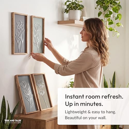 Tide and Tales 3D Wooden Floral Bathroom Wall Decor (Set of 4) Lightweight, Ready-to-Hang Framed Wall Art For Living Room, Bedroom, or Office - Premium Boho Botanical Farmhouse Decorations - Gift-Boxed - Image 2
