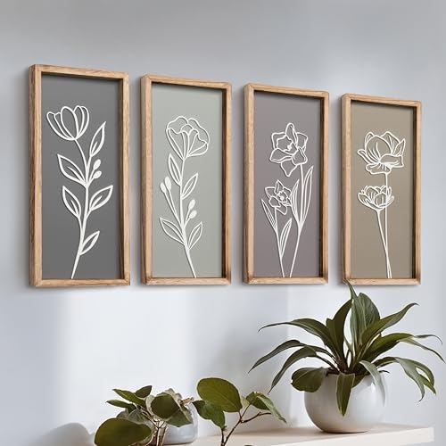 Tide and Tales 3D Wooden Floral Bathroom Wall Decor (Set of 4) Lightweight, Ready-to-Hang Framed Wall Art For Living Room, Bedroom, or Office - Premium Boho Botanical Farmhouse Decorations - Gift-Boxed - Image 1