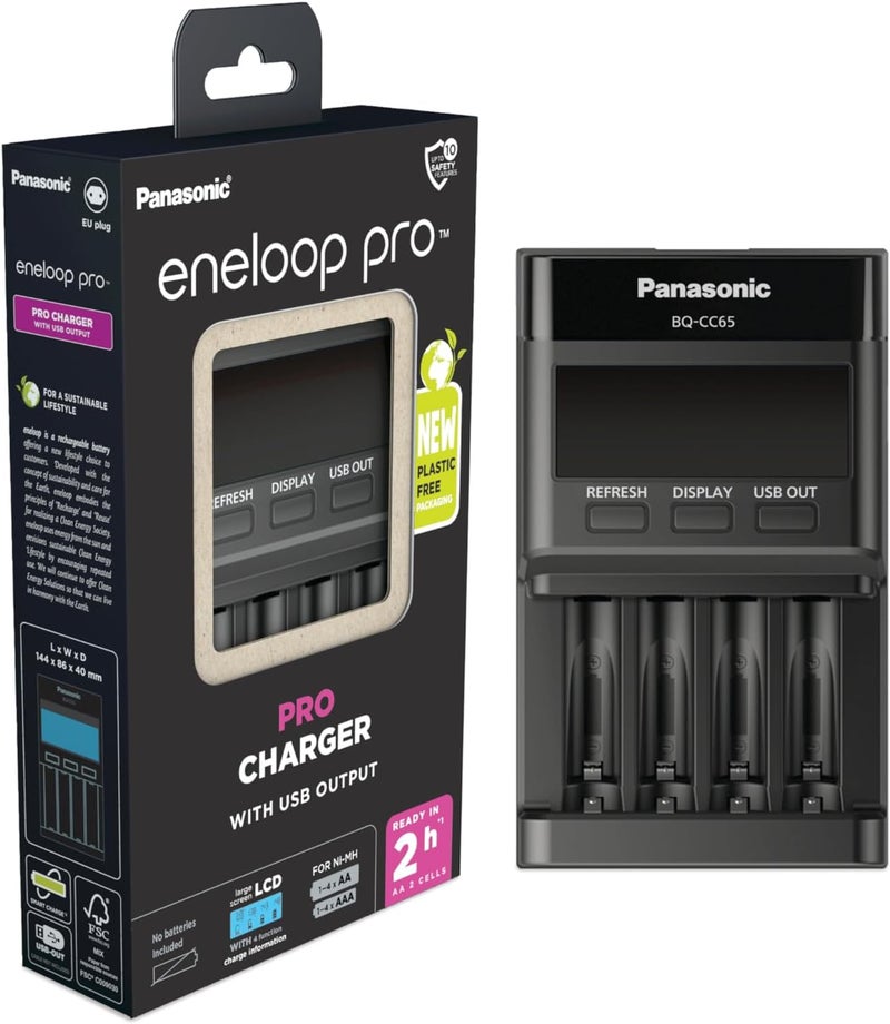 شاحن باناسونيك إنيلوب برو مع مخرج USB لـ 1-4 بطاريات AA/AAA NI-MH مع منفذ USB، شاشة LCD، وظيفة التحديث و10 وظائف أمان، أسود