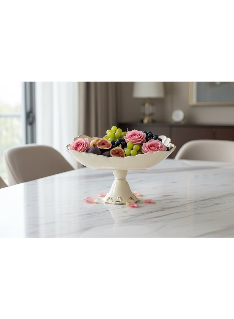 AKDC Angela Premium Footed Cream Ceramic Fruit Serving Bowl with Floral Design 35×16 cm Decorative Display Bowl - Image 5