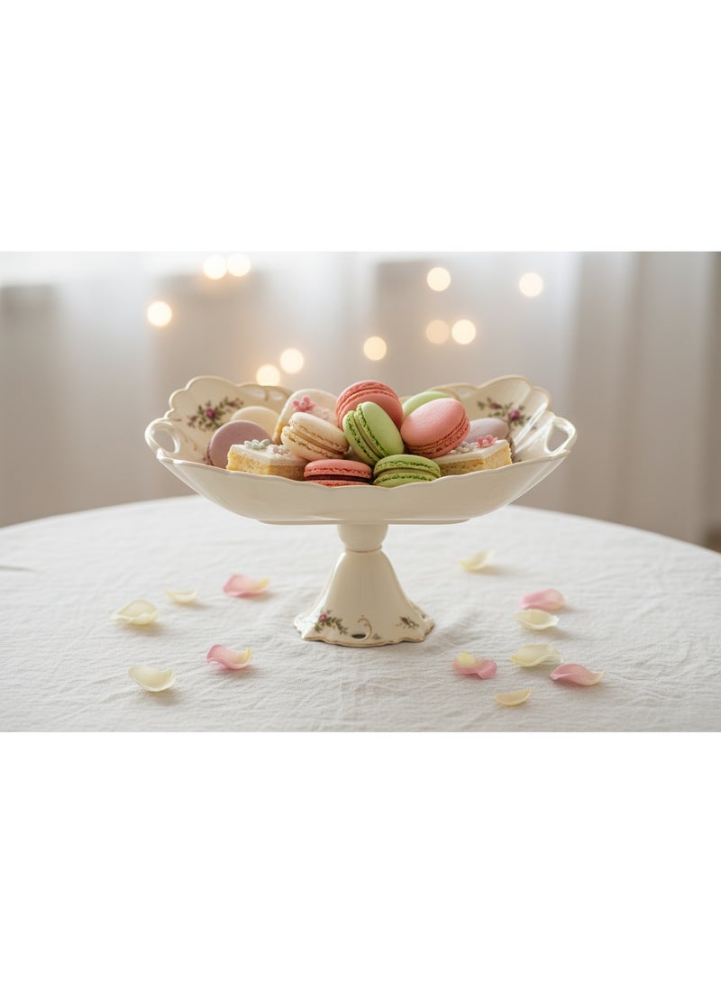 AKDC Angela Premium Footed Cream Ceramic Fruit Serving Bowl with Floral Design 35×16 cm Decorative Display Bowl - Image 3