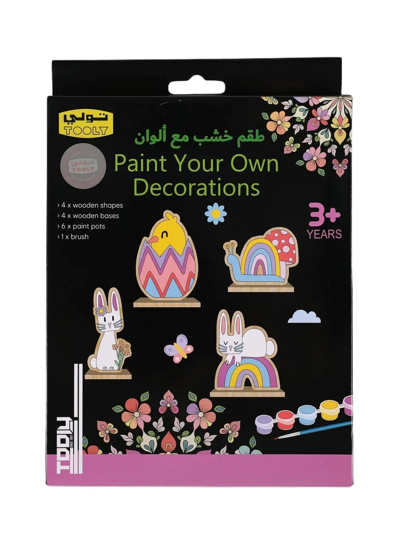 Tooly Paint Your Own Wood Decorations Craft Kit (10 Pieces) - 4 Wooden Shapes with Stands, 6 Paint Pots & Brush - Creative DIY Art & Crafts Set for Kids Ages 3+