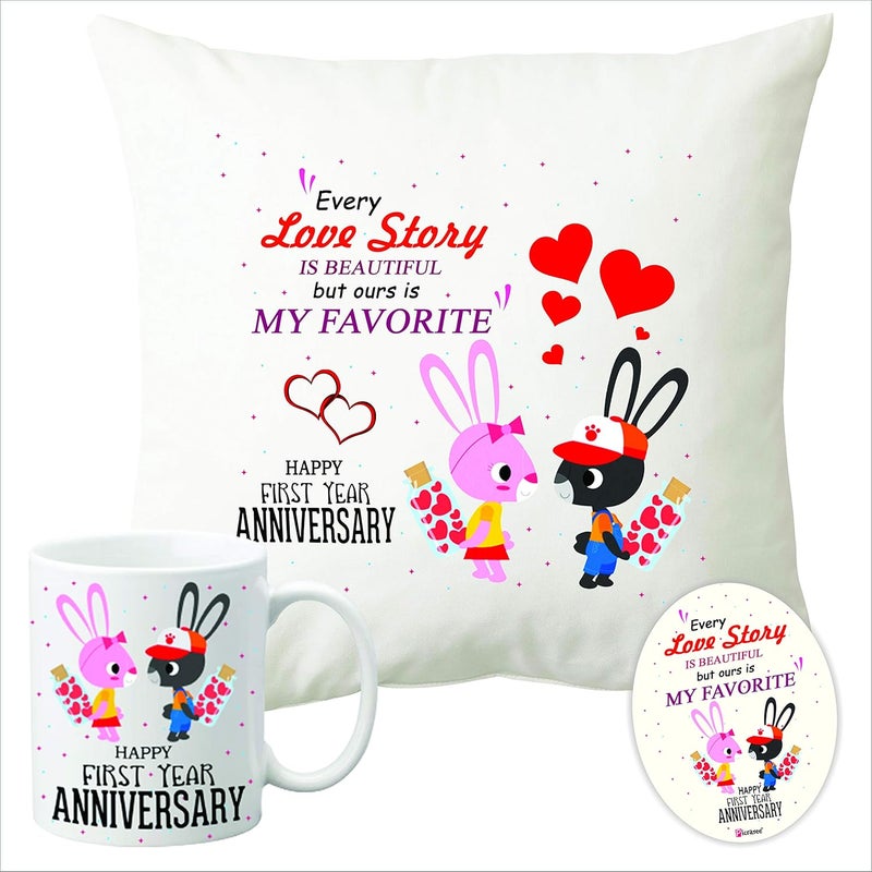 PICRAZEE PICRAZEE Happy Anniversary Printed Gift Combo for Spouse Husband Wife Better Half Cushion Combo Printed 1 pc 12 x 12 Cushion with Filler 1 pc White Coffee Mug 1 pc Fridge Magnet