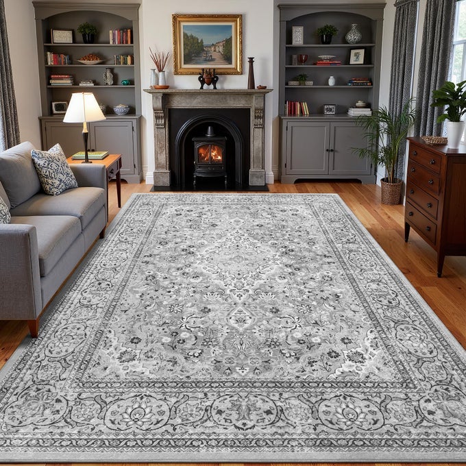 5X7 GREY WASHABLE BOHO AREA RUG FOR BEDROOM VINTAGE FLORAL NON SLIP LIVING ROOM RUGS SOFT LOW PILE INDOOR MAT AESTHETIC PATTERN CARPET FOR KITCHEN AND DINING ROOM