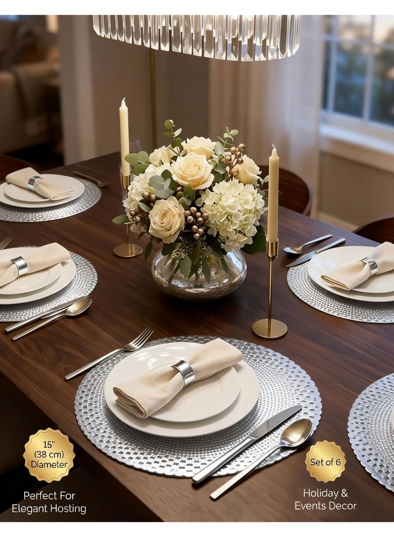HomeNoor Round Metallic Silver Vinyl Placemats Set of 6, Elegant Radial Geometric Openwork Dining Table Mats, Waterproof Washable Heat-Resistant, 38 cm - Image 5