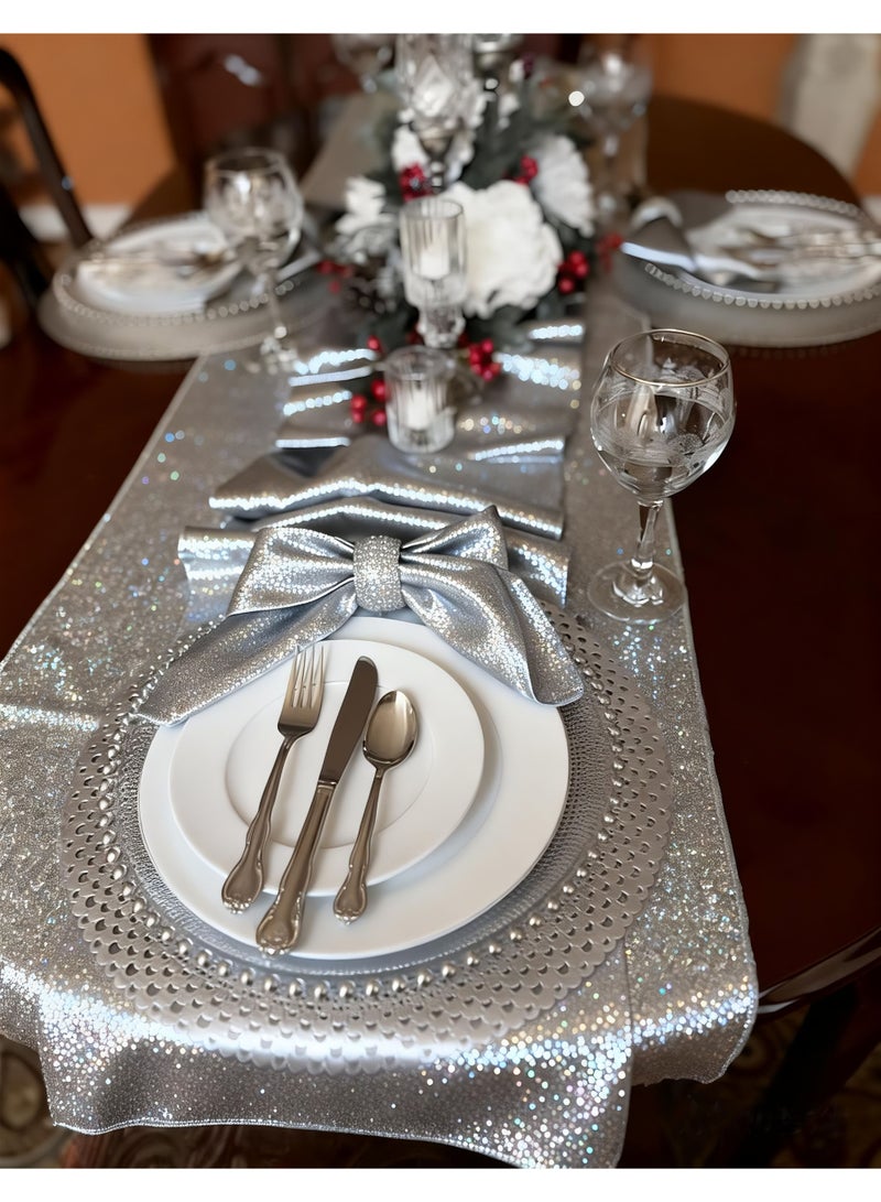 HomeNoor Round Metallic Silver Vinyl Placemats Set of 6, Elegant Radial Geometric Openwork Dining Table Mats, Waterproof Washable Heat-Resistant, 38 cm - Image 4