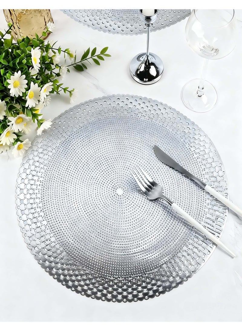 HomeNoor Round Metallic Silver Vinyl Placemats Set of 6, Elegant Radial Geometric Openwork Dining Table Mats, Waterproof Washable Heat-Resistant, 38 cm - Image 1