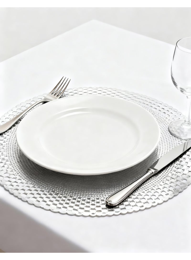 HomeNoor Round Metallic Silver Vinyl Placemats Set of 6, Elegant Radial Geometric Openwork Dining Table Mats, Waterproof Washable Heat-Resistant, 38 cm - Image 3