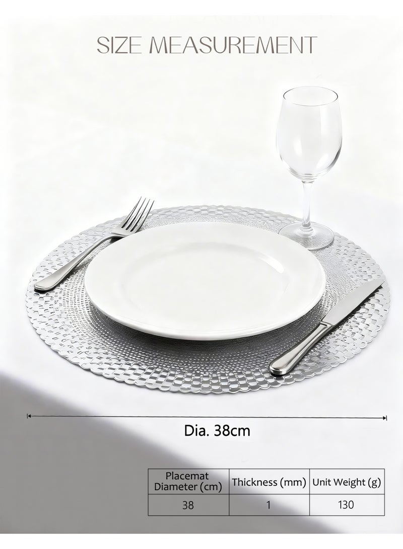 HomeNoor Round Metallic Silver Vinyl Placemats Set of 6, Elegant Radial Geometric Openwork Dining Table Mats, Waterproof Washable Heat-Resistant, 38 cm - Image 2
