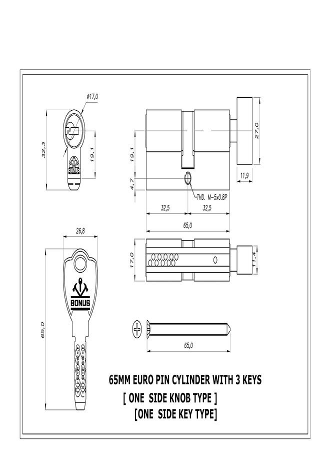 Bonus:- Euro Profile 10 Pin Cylinder (65mm One Side Key, Brush Steel) - Image 2