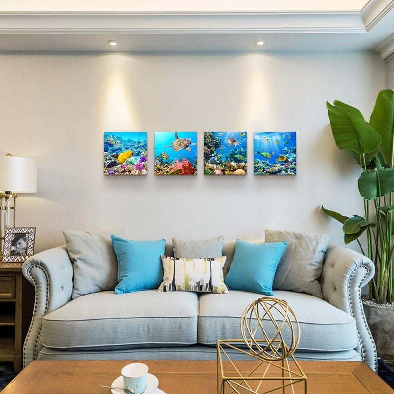 TTHYUEWS Bathroom Wall Decor Canvas wall art for living room Coral and Fish Modern Home Decor 4 Panels Stretched and Framed Ready to Hang blue Ocean Theme Sea Fish and sea Turtles undersea world Canvas Prints - Image 2