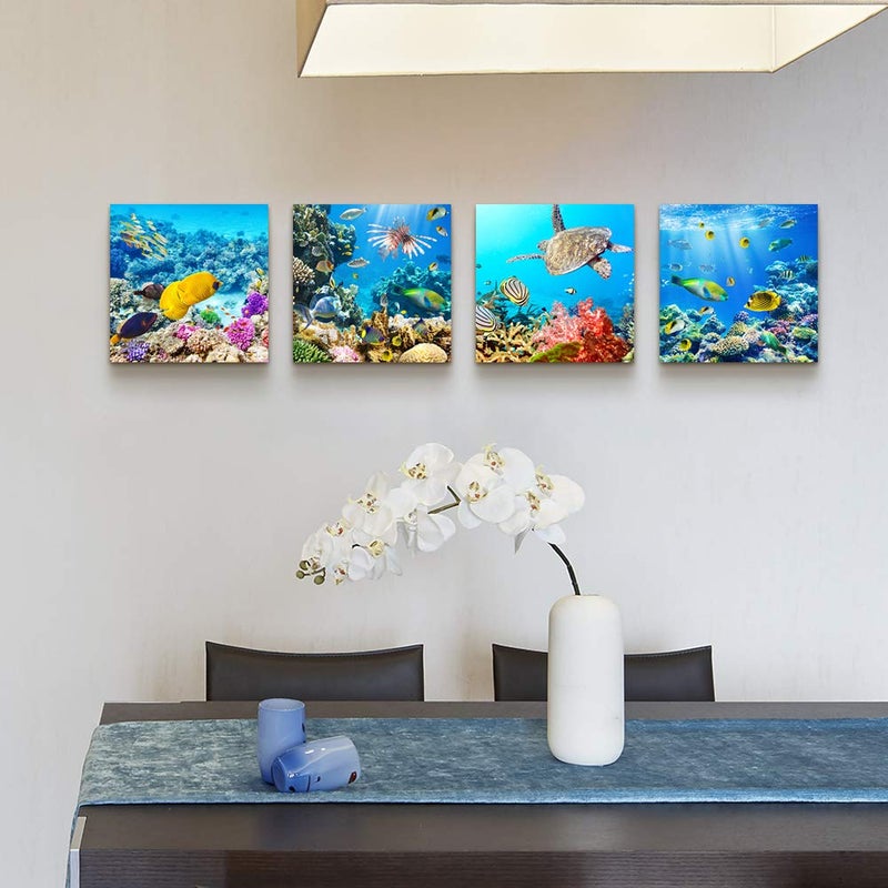 TTHYUEWS Bathroom Wall Decor Canvas wall art for living room Coral and Fish Modern Home Decor 4 Panels Stretched and Framed Ready to Hang blue Ocean Theme Sea Fish and sea Turtles undersea world Canvas Prints - Image 4