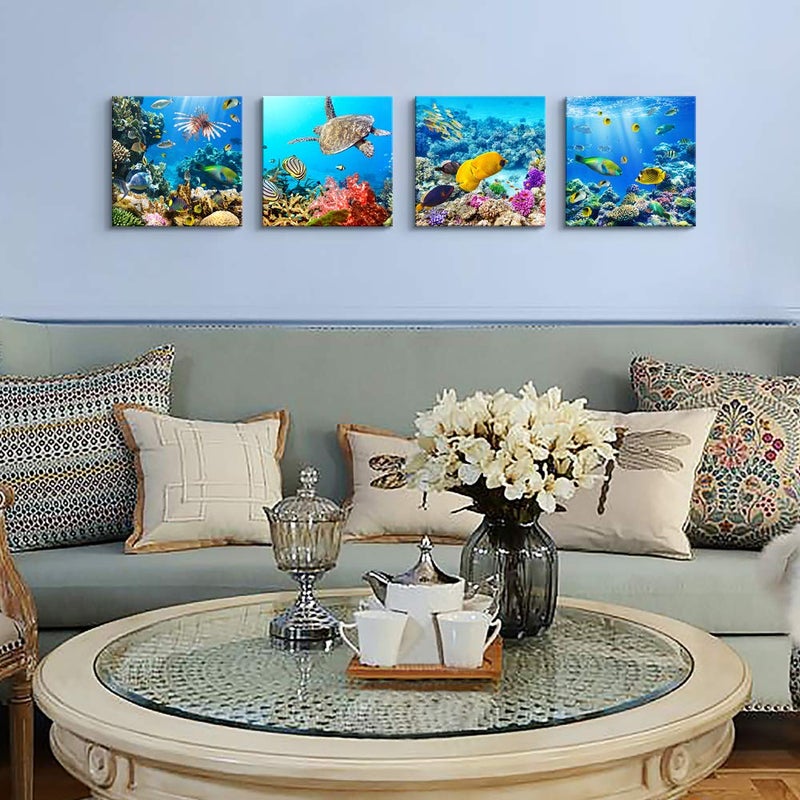 TTHYUEWS Bathroom Wall Decor Canvas wall art for living room Coral and Fish Modern Home Decor 4 Panels Stretched and Framed Ready to Hang blue Ocean Theme Sea Fish and sea Turtles undersea world Canvas Prints - Image 5