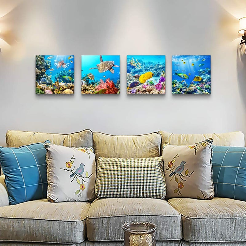 TTHYUEWS Bathroom Wall Decor Canvas wall art for living room Coral and Fish Modern Home Decor 4 Panels Stretched and Framed Ready to Hang blue Ocean Theme Sea Fish and sea Turtles undersea world Canvas Prints - Image 3