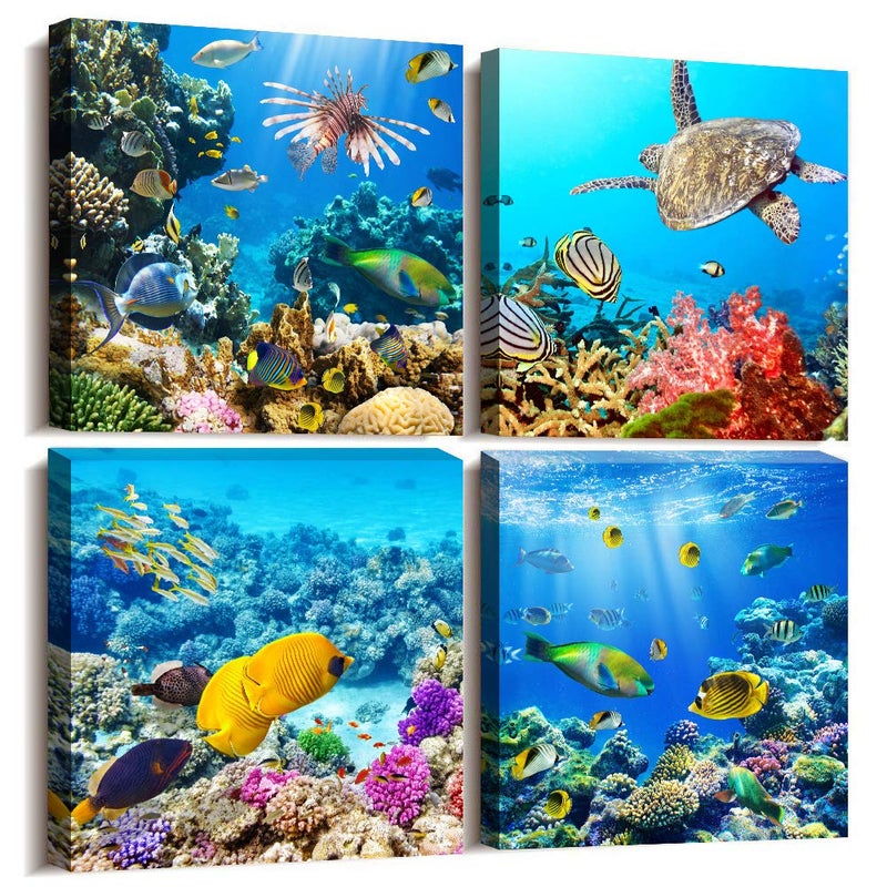 TTHYUEWS Bathroom Wall Decor Canvas wall art for living room Coral and Fish Modern Home Decor 4 Panels Stretched and Framed Ready to Hang blue Ocean Theme Sea Fish and sea Turtles undersea world Canvas Prints - Image 1