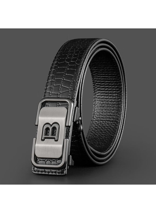 Cow Leather Belt For Men With Automatic Buckle, Gift Box, Business Casual Light Luxury Crocodile Pattern Trouser Belt, Gift 1002 Black - Image 1