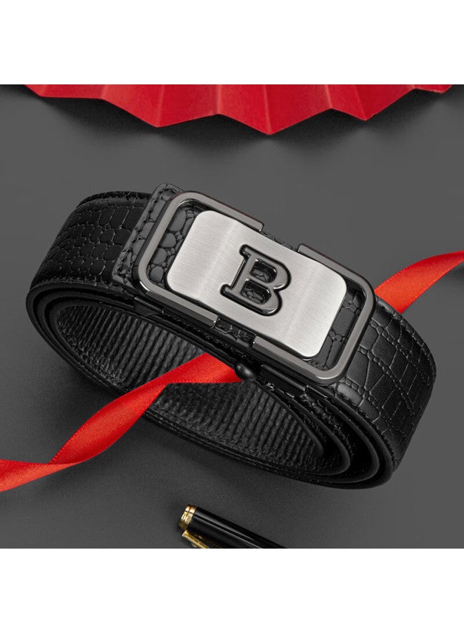 Cow Leather Belt For Men With Automatic Buckle, Gift Box, Business Casual Light Luxury Crocodile Pattern Trouser Belt, Gift 1002 Black - Image 3