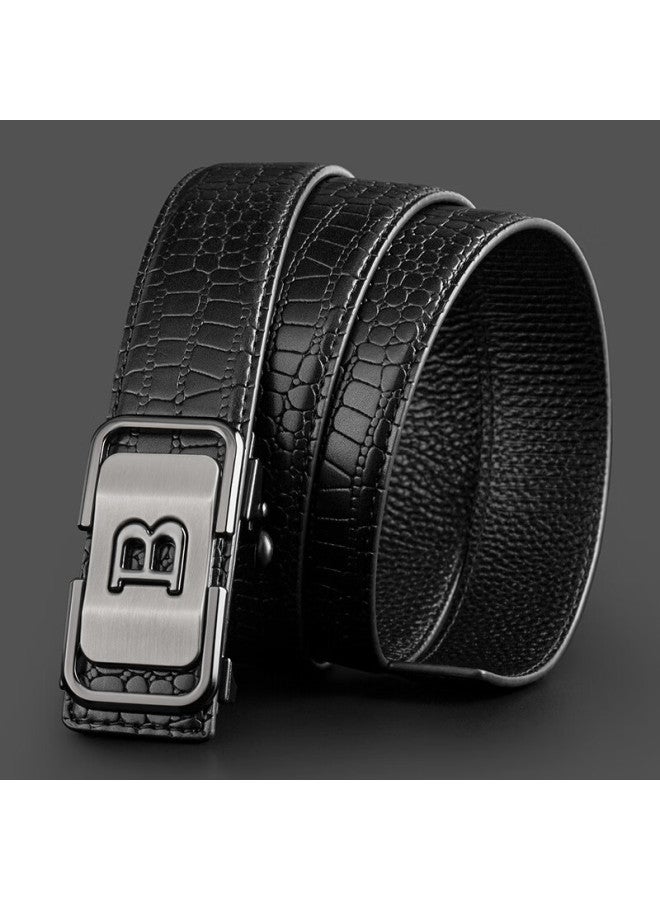 Cow Leather Belt For Men With Automatic Buckle, Gift Box, Business Casual Light Luxury Crocodile Pattern Trouser Belt, Gift 1002 Black - Image 5