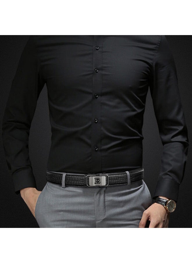 Cow Leather Belt For Men With Automatic Buckle, Gift Box, Business Casual Light Luxury Crocodile Pattern Trouser Belt, Gift 1002 Black - Image 2