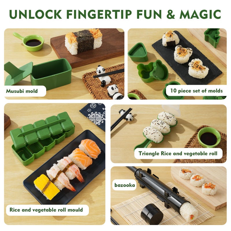 Brezlio Sushi Maker Kit â€“ 43-Piece Complete Set with Bazooka Roller, Onigiri Shaper, Nigiri Mold, Bamboo Rolling Mat & Tools | DIY for Beginners (Green) - Image 3