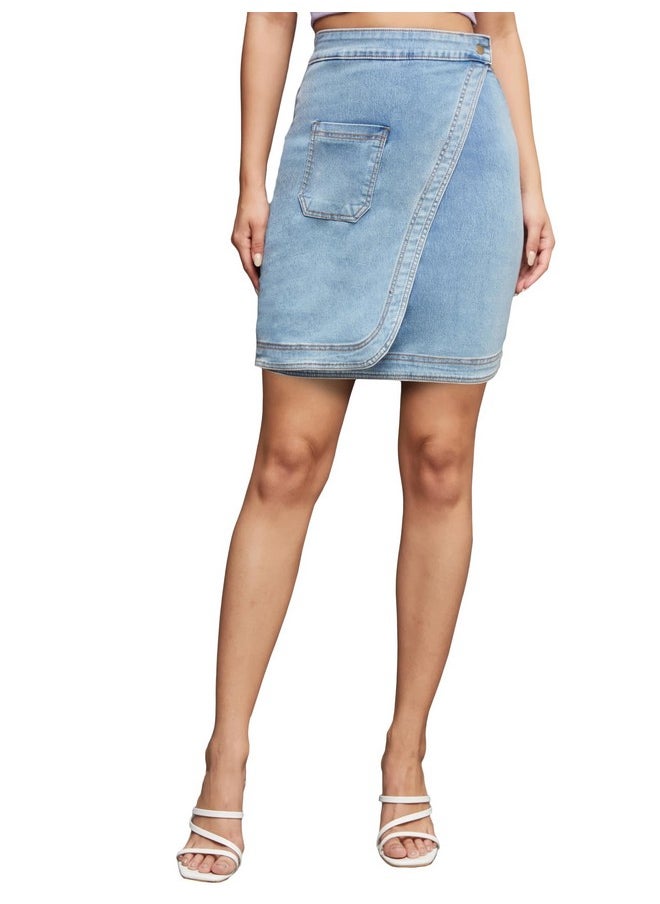 Miss Chase - Miss Chase Women's Regular High Rise Clean Look Above Knee Stretchable Denim Skirt with Pockets (MCSS22DEN11-08-158-34, Light Blue, 34) - Image 1