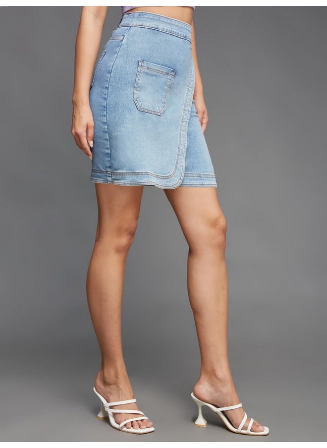 Miss Chase - Miss Chase Women's Regular High Rise Clean Look Above Knee Stretchable Denim Skirt with Pockets (MCSS22DEN11-08-158-34, Light Blue, 34) - Image 1
