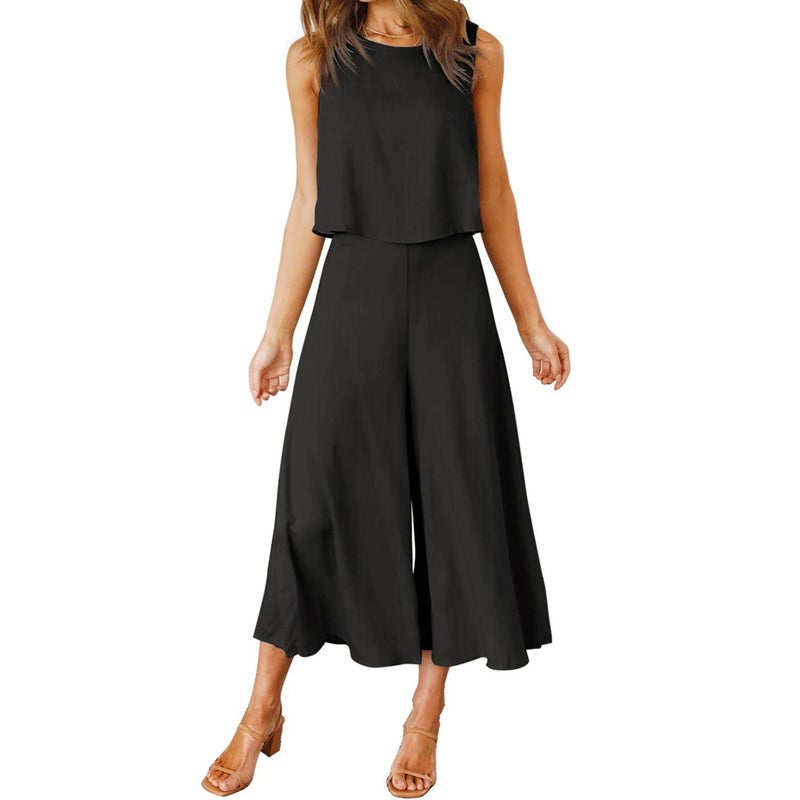 2023 European and American new TEMU womens summer 2-piece clothing round neck top short solid color wide leg pants set Black