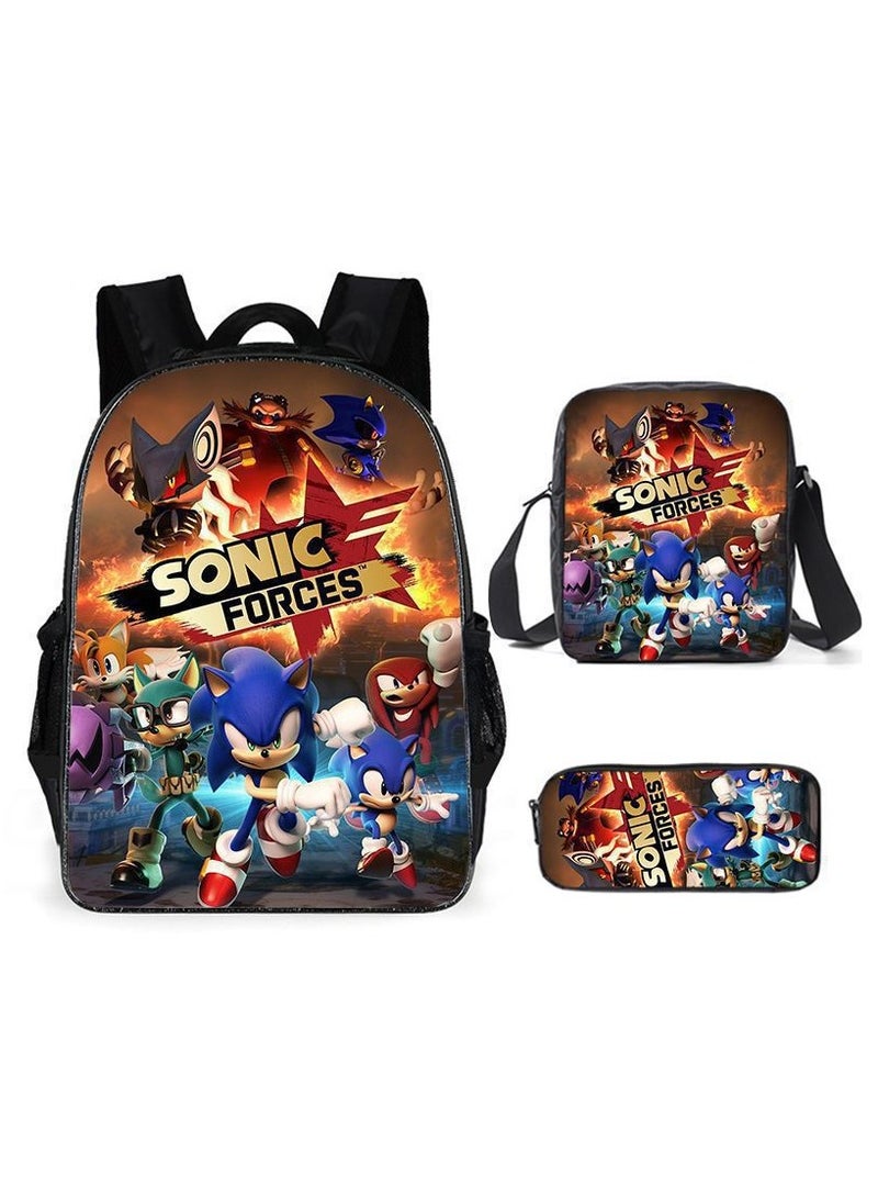 Sonic Primary School Backpack Cartoon Anime Backpack Messenger Bag Pencil Case Three-Piece Set 29*16*42cm