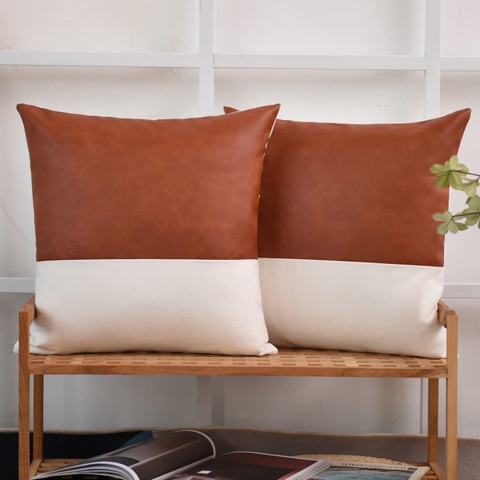 FAUX LEATHERCOTTON THROW PILLOW COVERS SET OF 2 MODERN COUNTRY FARMHOUSE DECORATIVE LUXURY BOHO PILLOWCASES FOR BEDROOM LIVING ROOM COUCH BED SOFA HOME DECOR BROWNWHITE 18 X 18
