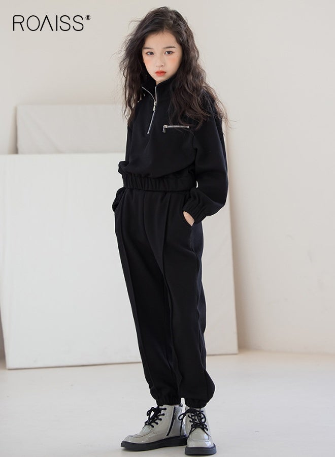 roaiss 2PCS Girl Clothes Set, Stylish Sweatshirt Set, Solid Tracksuit for Girls, Stand Collar Half Zip Sweatshirt and Elastic Waist Pants Set, Suitable for Daily Wear, Sports and Outdoor Activities - Image 3
