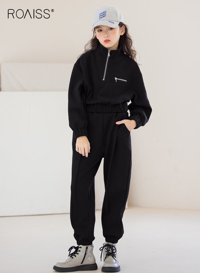 roaiss 2PCS Girl Clothes Set, Stylish Sweatshirt Set, Solid Tracksuit for Girls, Stand Collar Half Zip Sweatshirt and Elastic Waist Pants Set, Suitable for Daily Wear, Sports and Outdoor Activities - Image 4