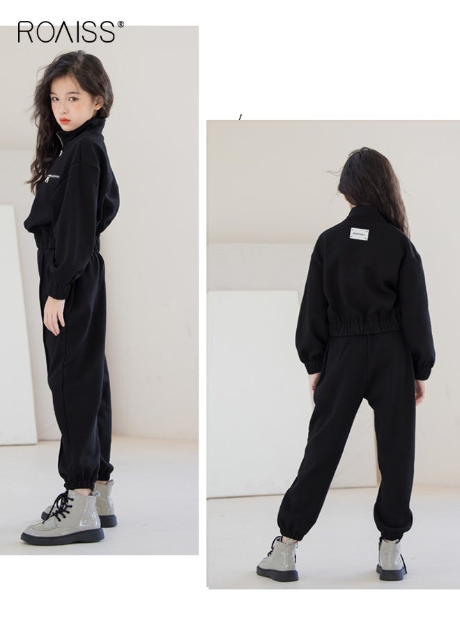 roaiss 2PCS Girl Clothes Set, Stylish Sweatshirt Set, Solid Tracksuit for Girls, Stand Collar Half Zip Sweatshirt and Elastic Waist Pants Set, Suitable for Daily Wear, Sports and Outdoor Activities - Image 5