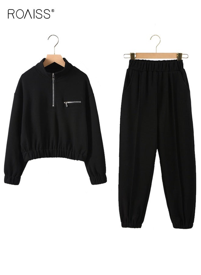 roaiss 2PCS Girl Clothes Set, Stylish Sweatshirt Set, Solid Tracksuit for Girls, Stand Collar Half Zip Sweatshirt and Elastic Waist Pants Set, Suitable for Daily Wear, Sports and Outdoor Activities - Image 2