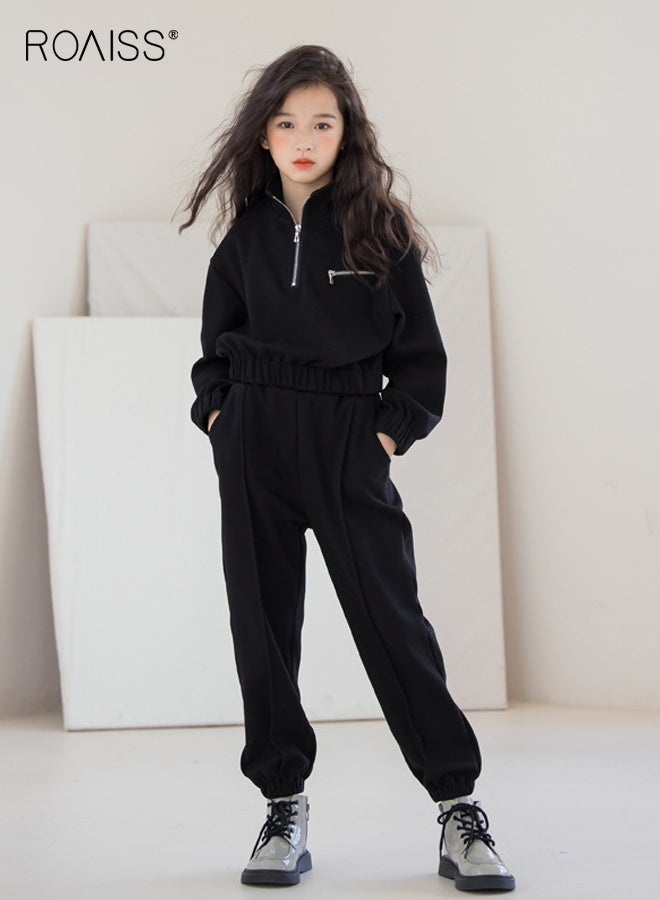 roaiss 2PCS Girl Clothes Set, Stylish Sweatshirt Set, Solid Tracksuit for Girls, Stand Collar Half Zip Sweatshirt and Elastic Waist Pants Set, Suitable for Daily Wear, Sports and Outdoor Activities - Image 1