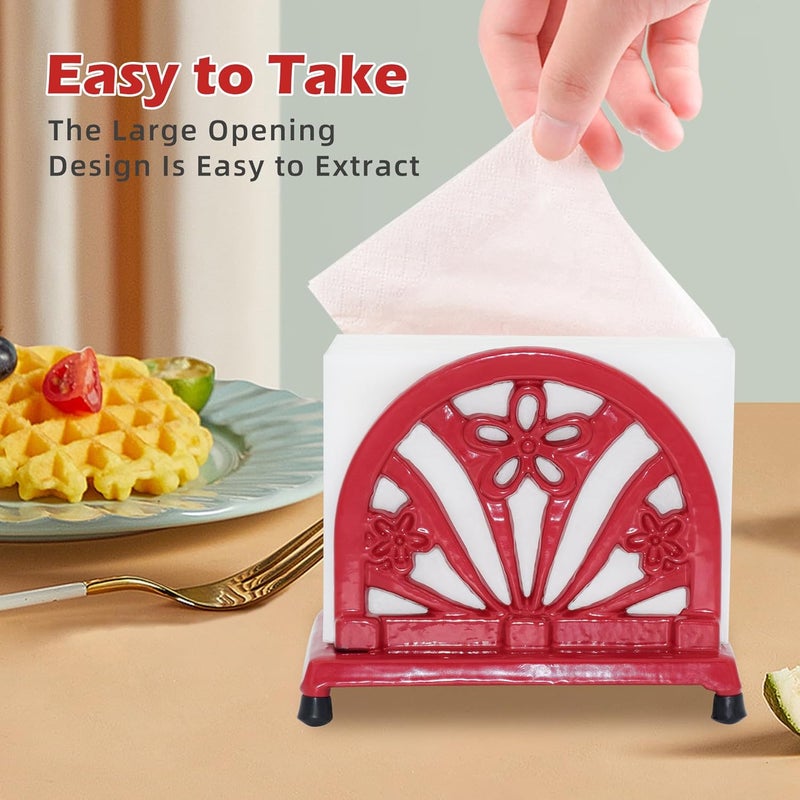 Minluful Napkin Holder for Table Vintage Cast Iron Paper Napkins Tissue Dispenser with Daffodil Pattern for Kitchen Dining Room Countertop Decor Red - Image 4
