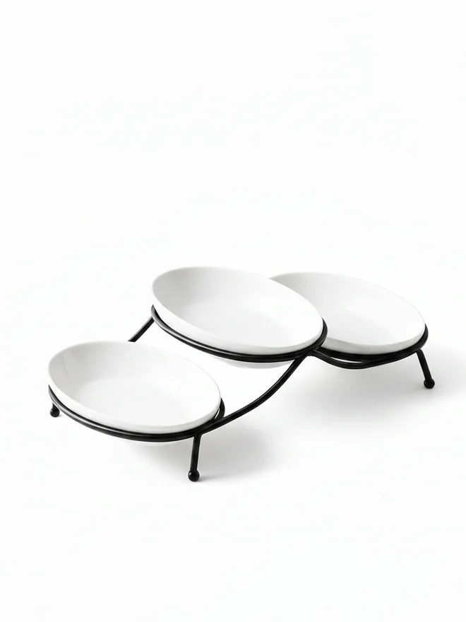 Shallow 3-Piece Oval Serving Bowls with Metal Stand, 18cm
