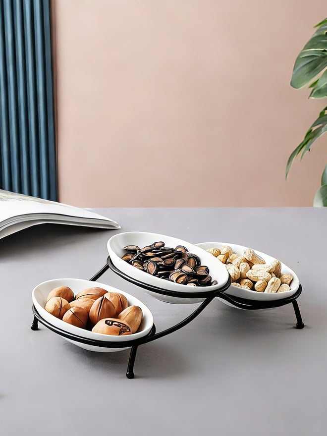 Shallow 3-Piece Oval Serving Bowls with Metal Stand, 18cm - Image 2