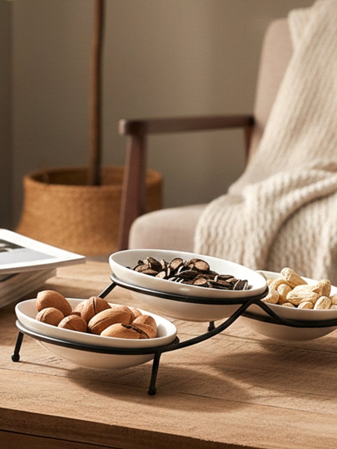 Shallow 3-Piece Oval Serving Bowls with Metal Stand, 18cm - Image 5