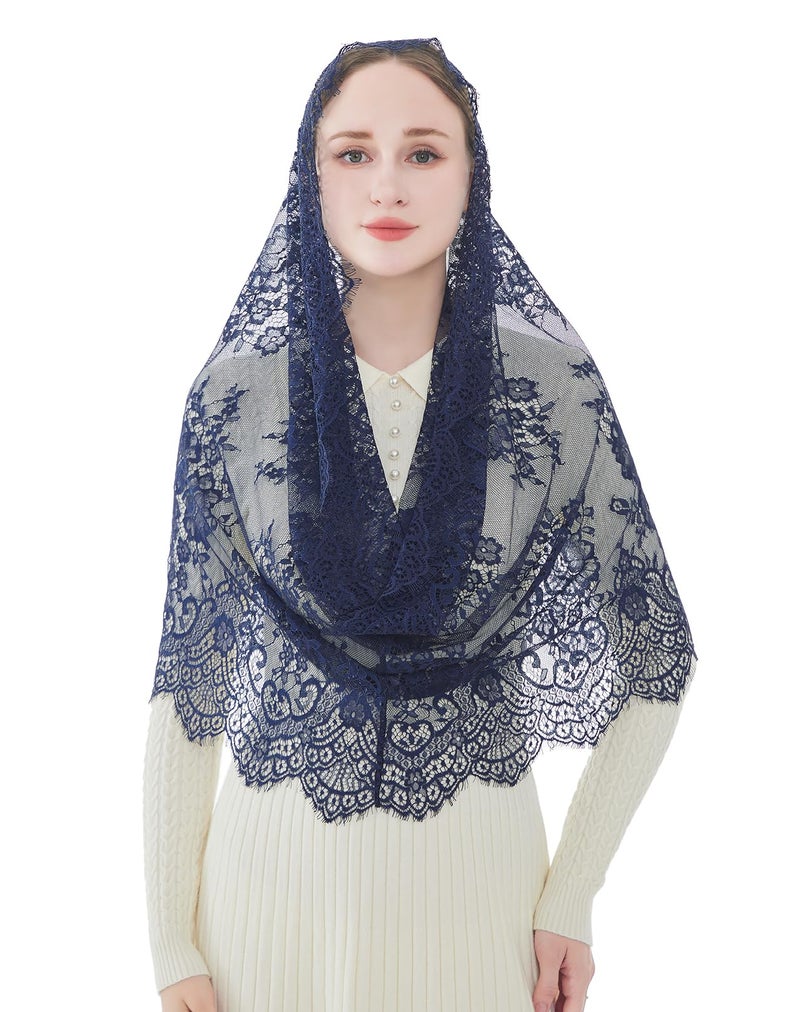 Wgior Spanish Infinity Veils for Church Lace Chapel Veils Catholic Church Veil Latin Mass Head Covering Scarf Mantilla (Navy Blue) - Image 3
