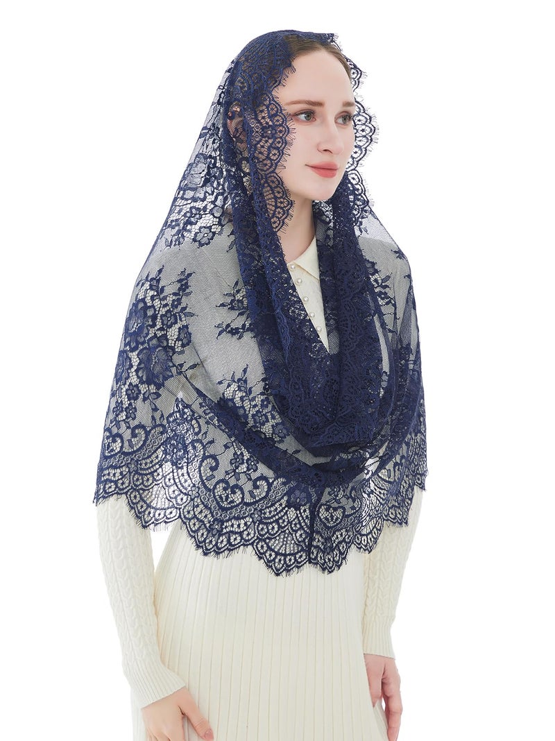 Wgior Spanish Infinity Veils for Church Lace Chapel Veils Catholic Church Veil Latin Mass Head Covering Scarf Mantilla (Navy Blue) - Image 1