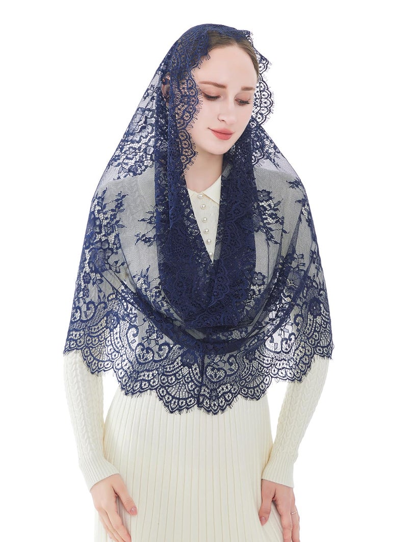 Wgior Spanish Infinity Veils for Church Lace Chapel Veils Catholic Church Veil Latin Mass Head Covering Scarf Mantilla (Navy Blue) - Image 4