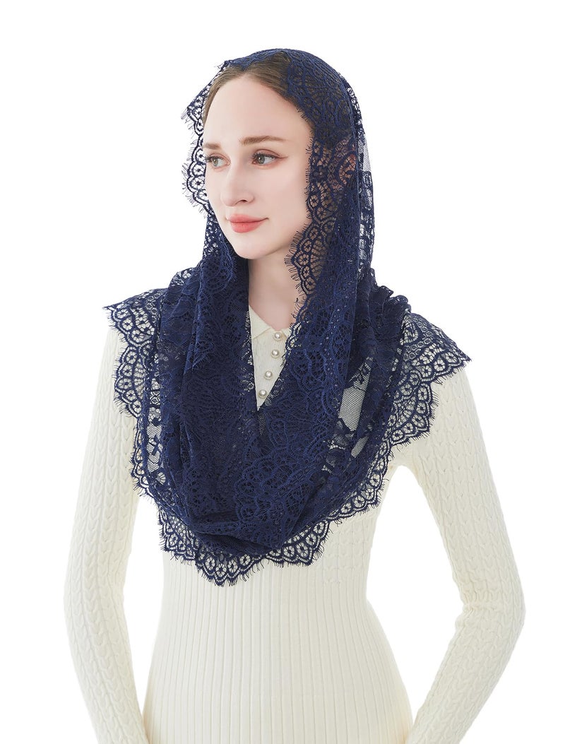 Wgior Spanish Infinity Veils for Church Lace Chapel Veils Catholic Church Veil Latin Mass Head Covering Scarf Mantilla (Navy Blue) - Image 5