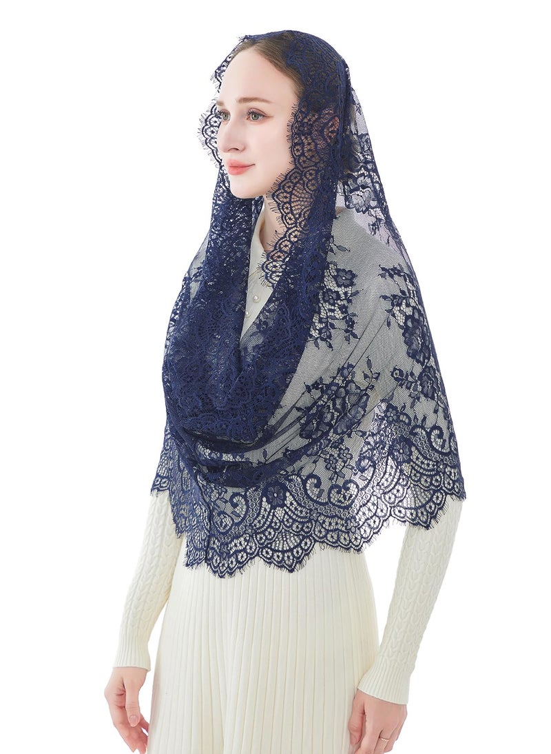 Wgior Spanish Infinity Veils for Church Lace Chapel Veils Catholic Church Veil Latin Mass Head Covering Scarf Mantilla (Navy Blue) - Image 2
