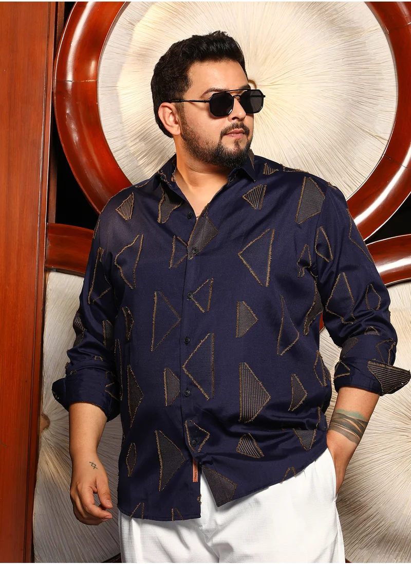Instafab Plus Instafab Plus Men's Navy Blue Triangle Raw-Edge Shirt For Casual Wear | Spread Collar | Long Cuffed Sleeves | Button Closure | Plus Size Shirt Crafted With Comfort Fit For Everyday Wear