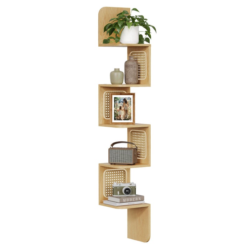 VASAGLE 5-Tier Corner Shelf, Wall Mounted Floating Shelf, Zigzag Corner Shelf Unit, PVC Rattan Sides, Space-Saving, for Kitchen, Living Room, Bedroom, Boho Style, Oak Beige ULLS582YC01S - Image 1