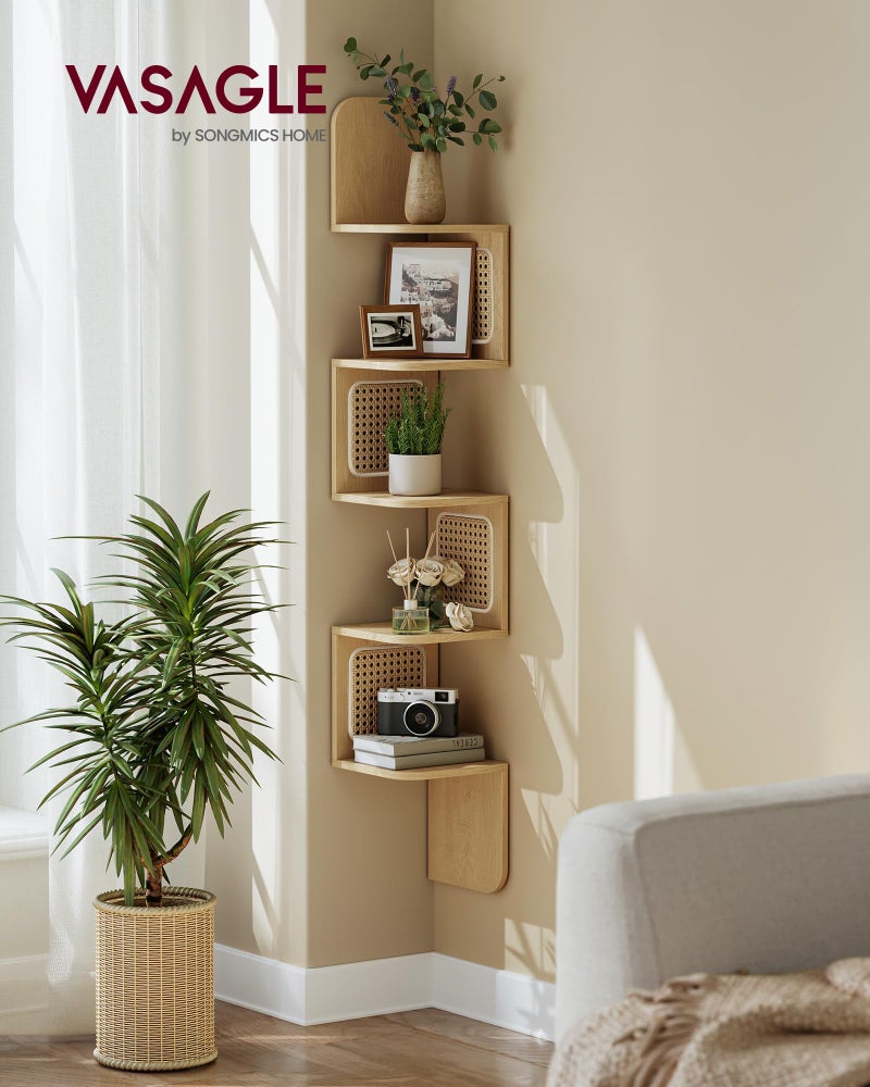 VASAGLE 5-Tier Corner Shelf, Wall Mounted Floating Shelf, Zigzag Corner Shelf Unit, PVC Rattan Sides, Space-Saving, for Kitchen, Living Room, Bedroom, Boho Style, Oak Beige ULLS582YC01S - Image 2