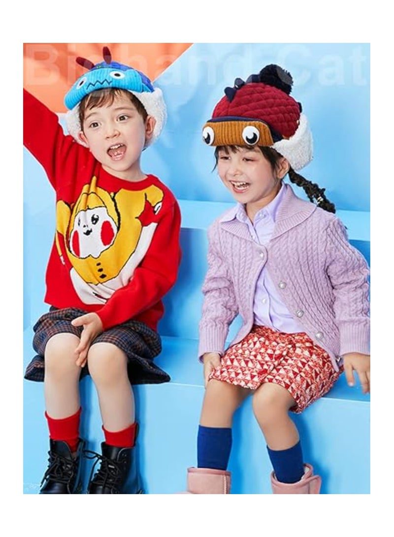 SOLARAE قبعة شتوية للأطفال مع أذنين، قبعة دافئة على شكل ديناصور كرتوني للأولاد والبنات، قبعة كروشيه للأطفال الصغار، قبعة دافئة، قبعات صوفية دافئة، قبعة لحماية الأذنين - Image 4